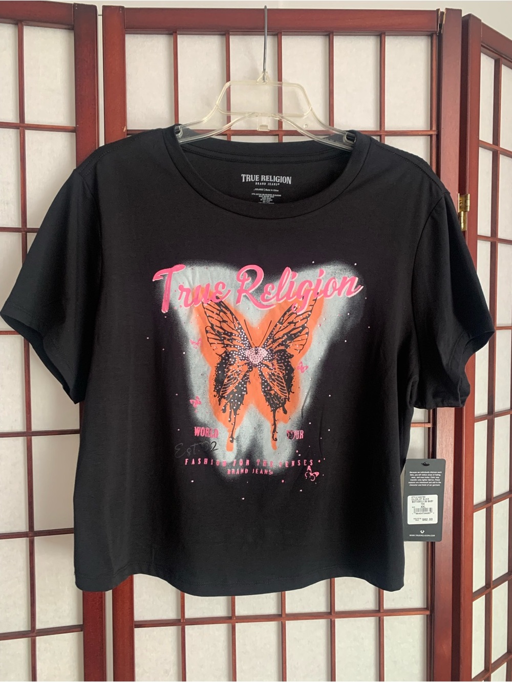 NWT Jr/Womens TRUE RELIGION Jet Black Butterfly Baby Tee Shirt Jr XXL/Womens M/L
